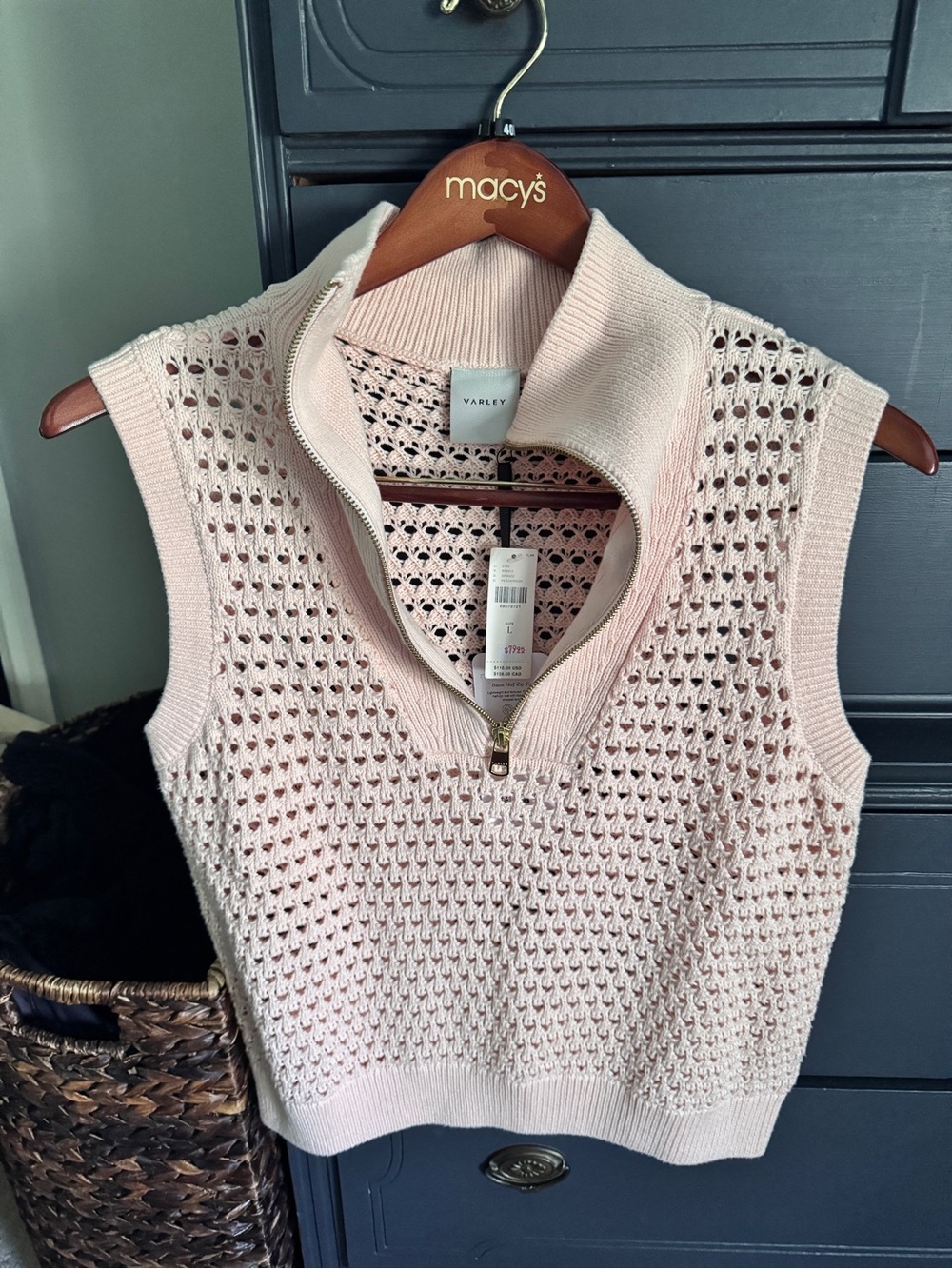 Varley Pale Blush Open-Knit Sleeveless Zip Polo